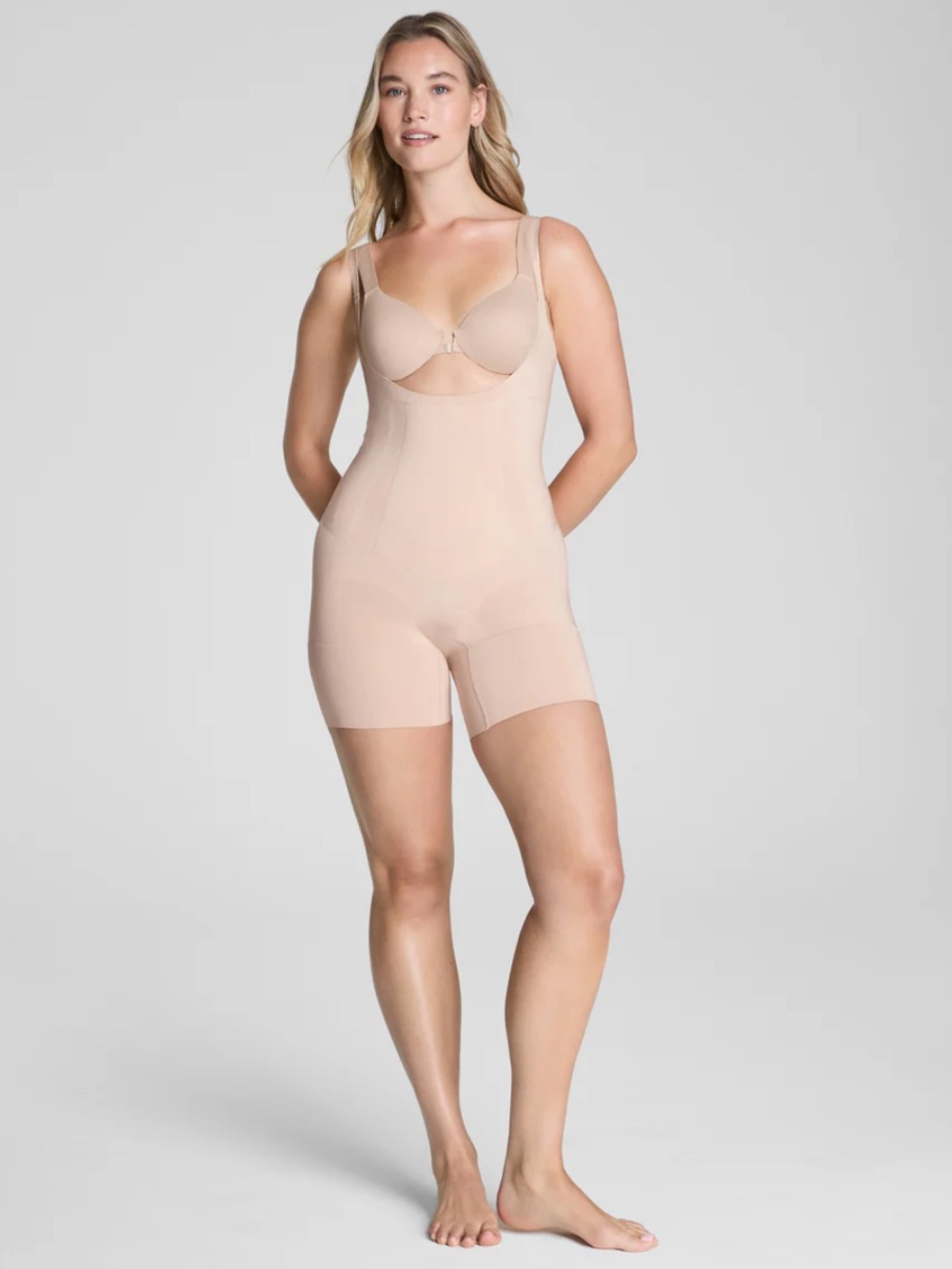 Spanx SPANXsculpt OnCore Open-Bust Mid-Thigh Bodysuit in beige size 2X